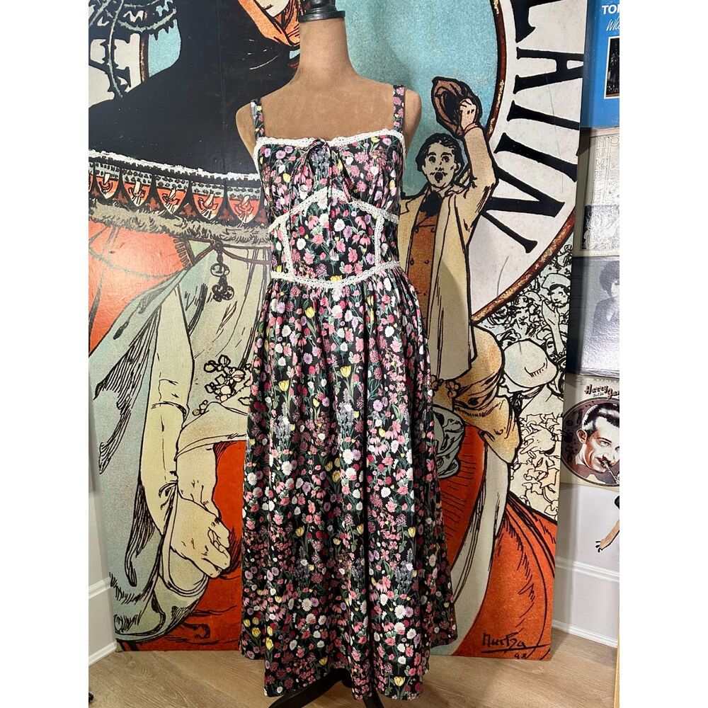 Cider Vintage Floral Lace Trim Ruffle Maxi Dress, Gunne Sax inspired Sz 4